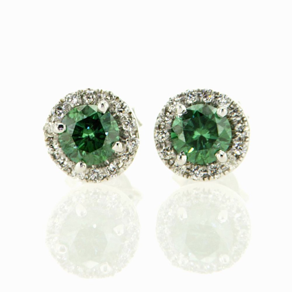 Diamond Halo Earrings Fancy Green Round VS2 0.92 TCW 14K White Gold - Picture 7 of 7